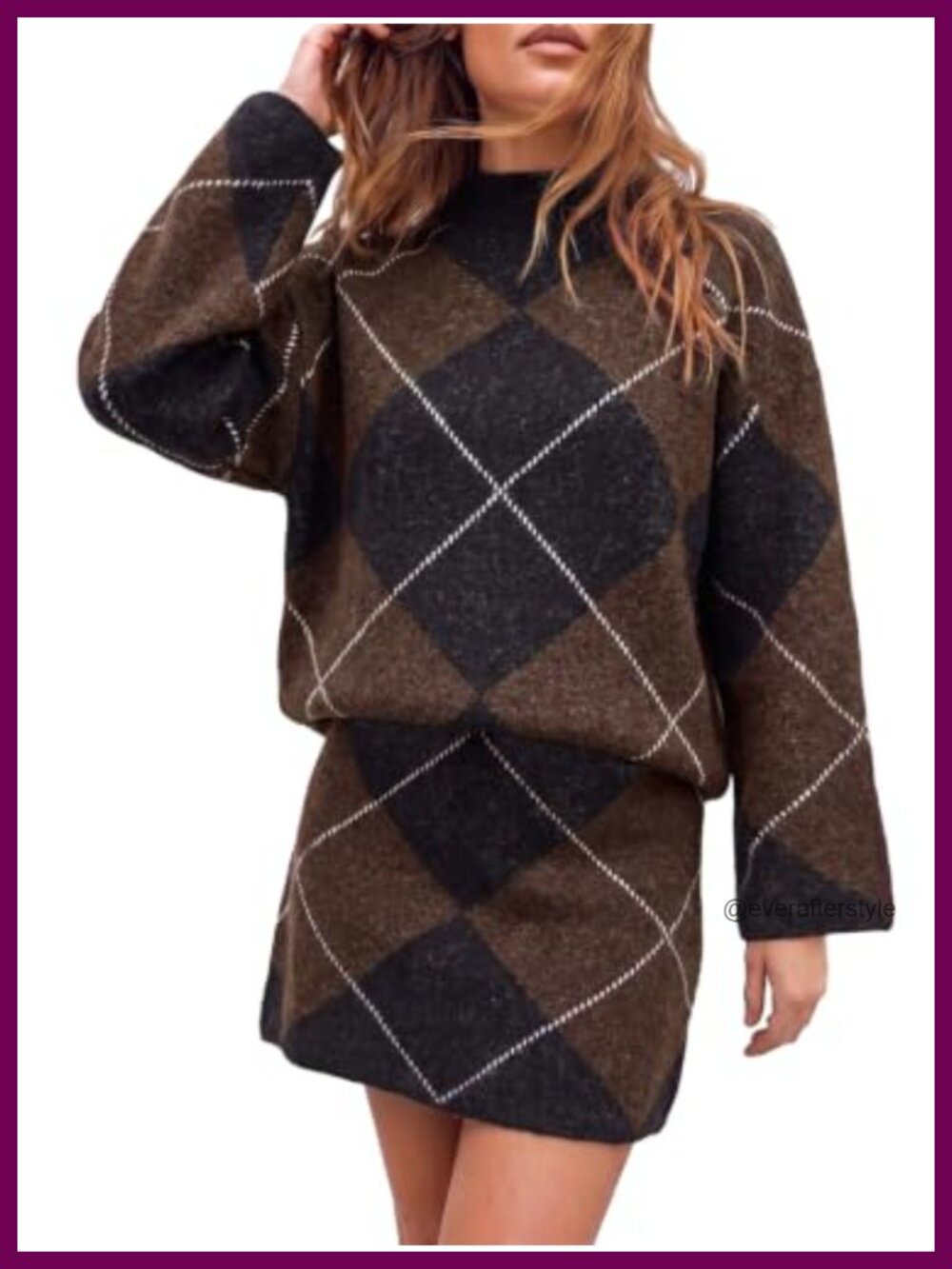 Faux Cashmere Argyle Knit Sweater Skirt Set 2 Piece Turtleneck Mini Outfit